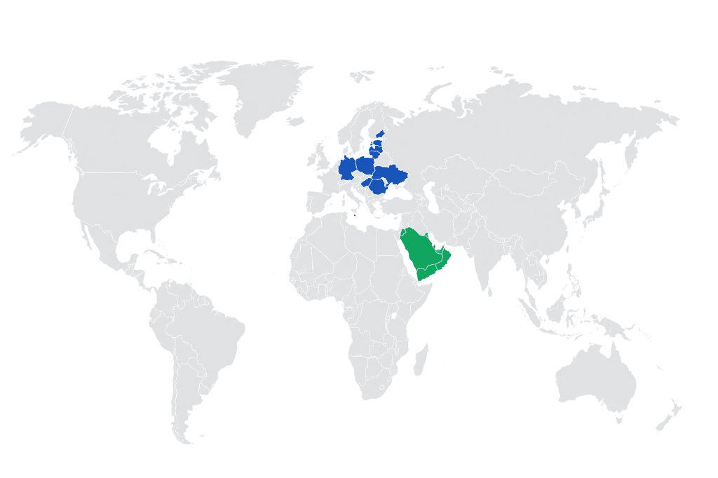 World map showing global reach across Europe and the Middle East