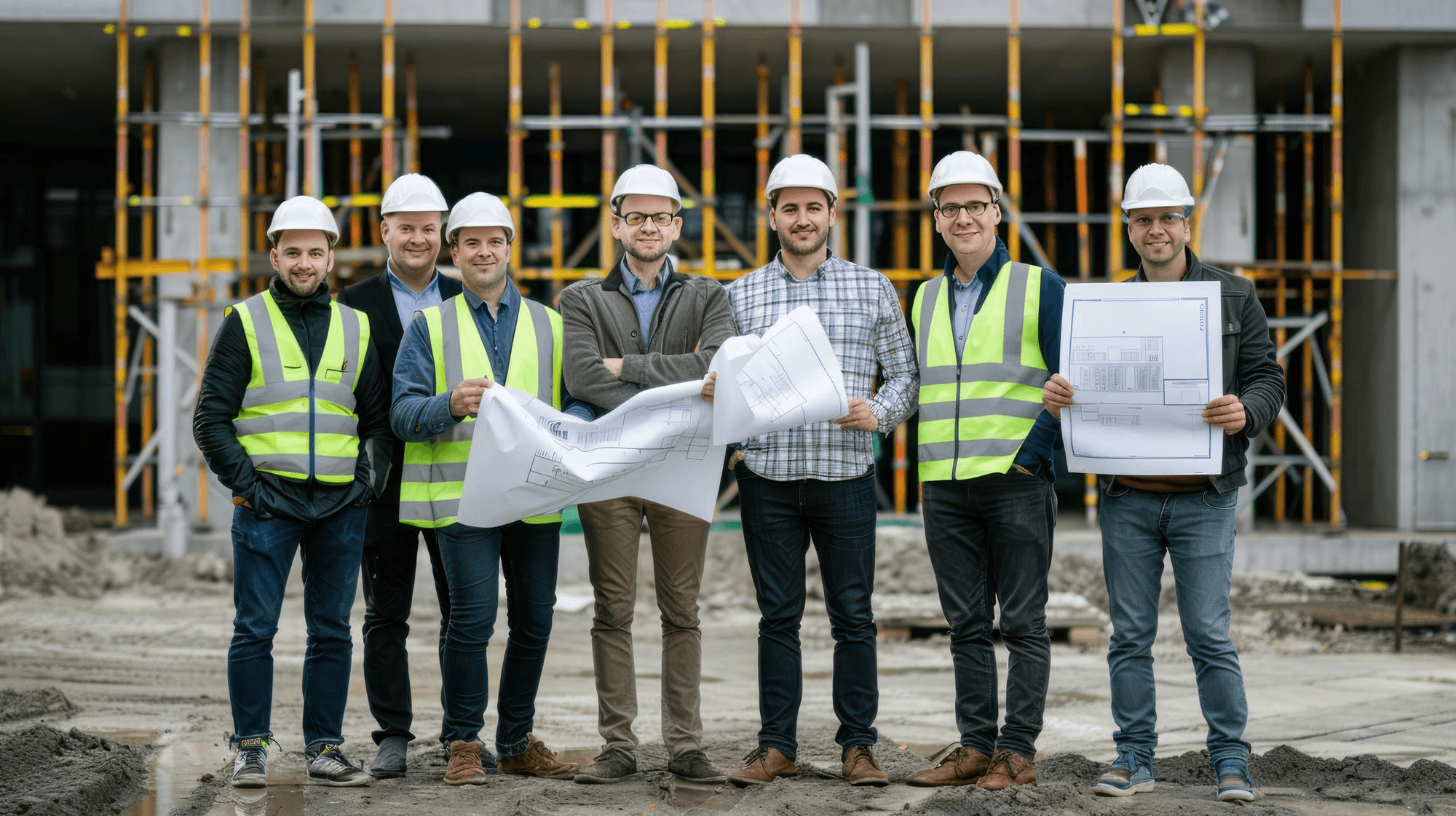 Construction team and site engineers in safety gear holding architectural blueprints