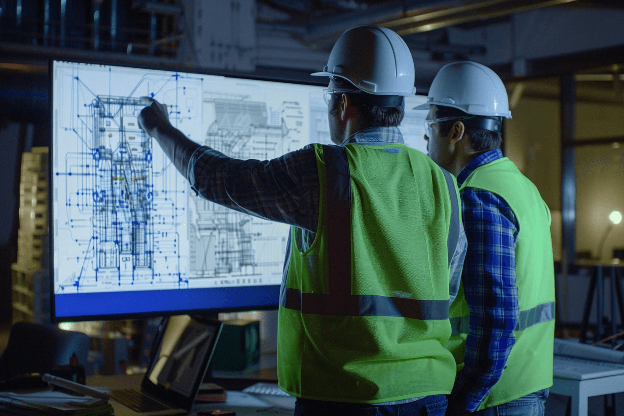 Industrial engineers in hardhats reviewing technical schematic blueprints on a large CAD display