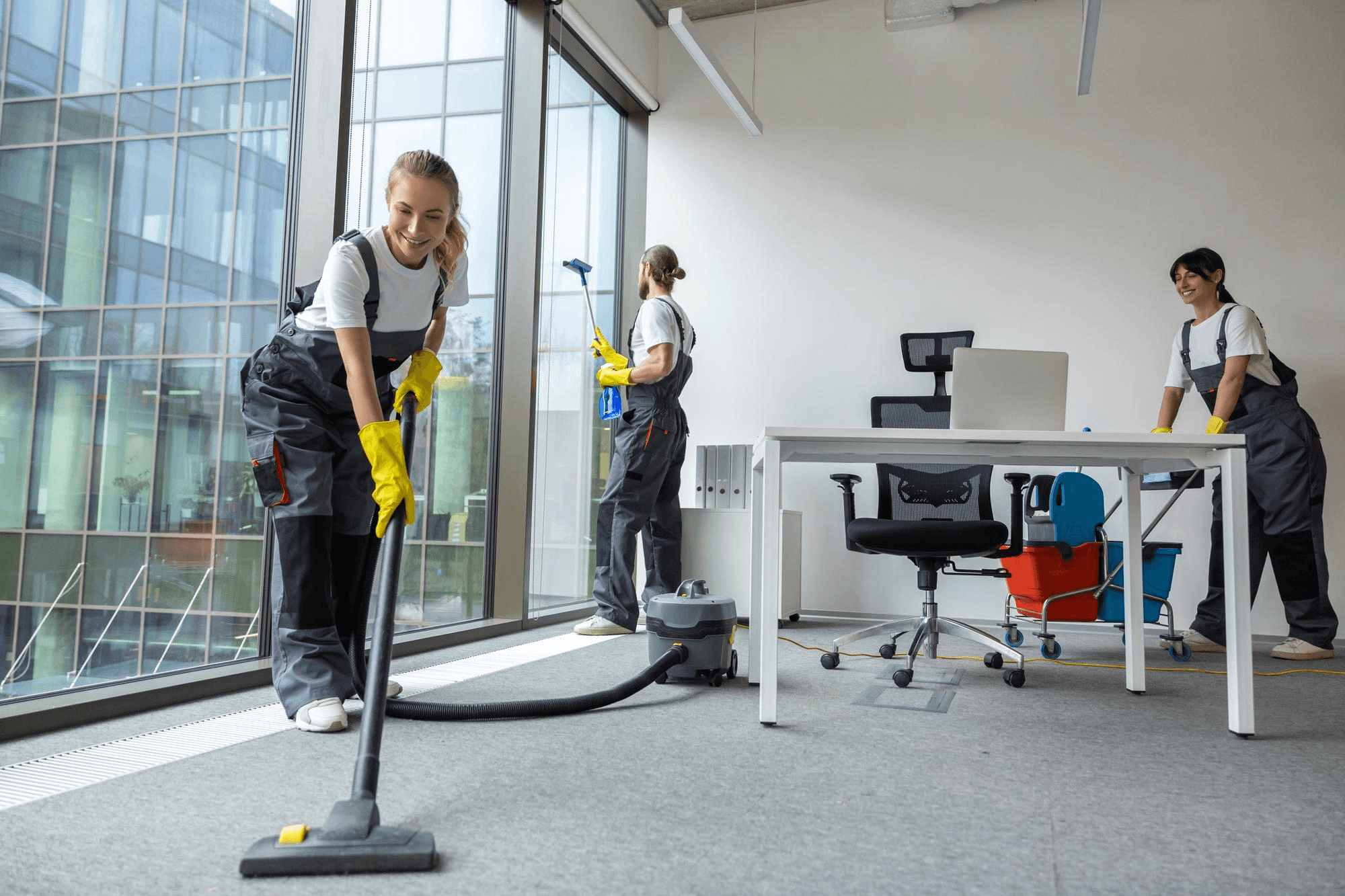 Commercial cleaning and facility maintenance staff maintaining modern office spaces