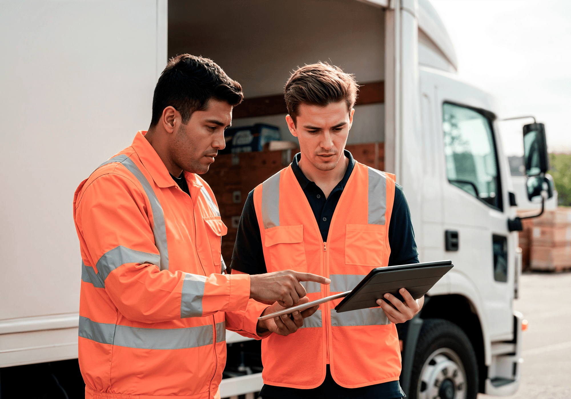 Logistics operators in high-visibility vests checking dispatch orders on digital tablet in front of fleet truck
