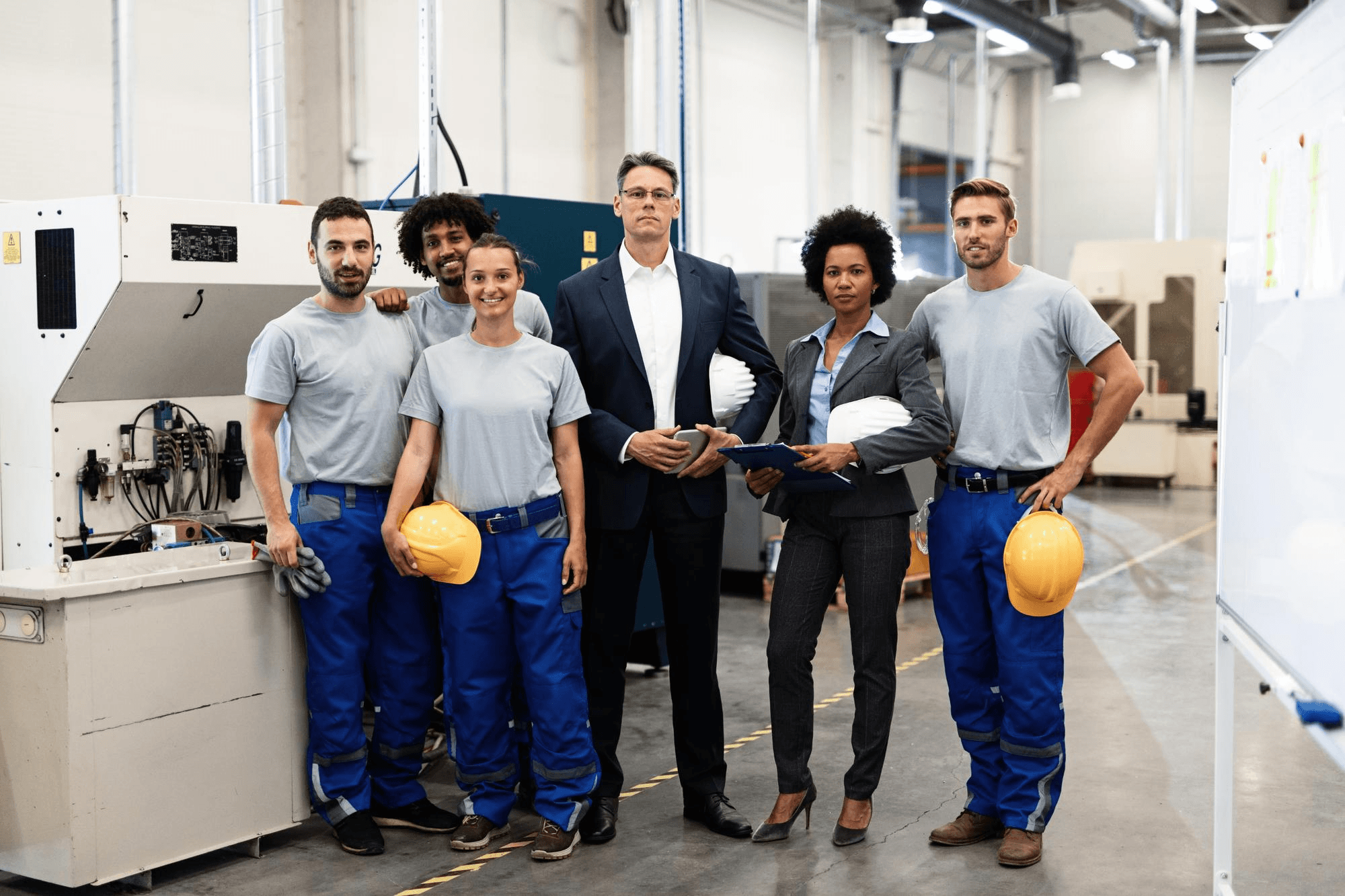 Manufacturing team with plant supervisor in front of factory machinery