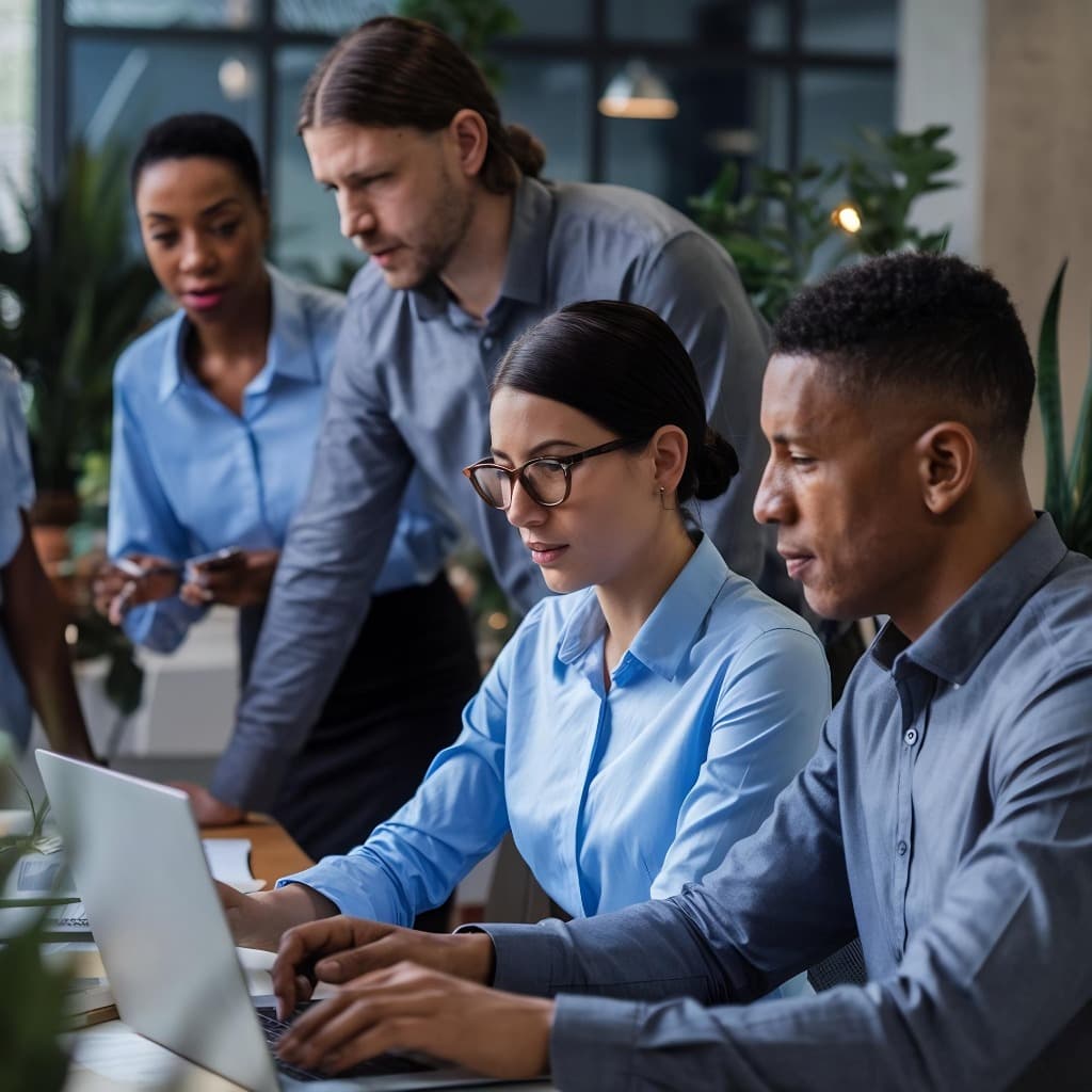 Qualified professionals collaborating around a laptop