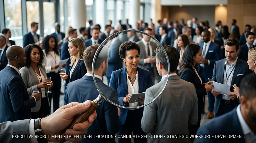 Executive crowd with magnifying glass talent identification